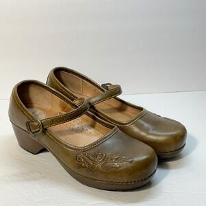 Dansko Savanna Mary Jane Clogs 40/9.5 Olive Brown Leather Floral Embroider Boho
